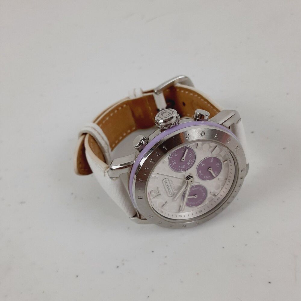 Coach Chronograph Watch Womens Purple & White Leather Stainless NEEDS BATTERY**